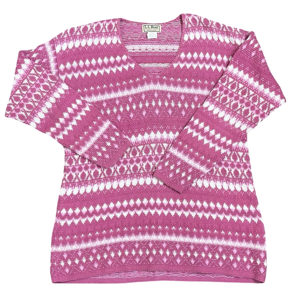 Vintage‎ L.L. Bean Fair Isle Sweater Women S Pink White Cotton Knit USA Made